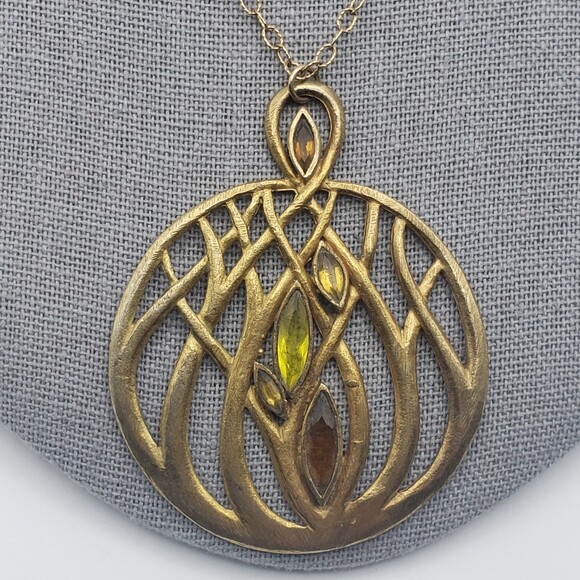 Brushed Matte Gold Tone Large Scrollwork Pendant Chain Necklace Boho - Picture 9 of 10